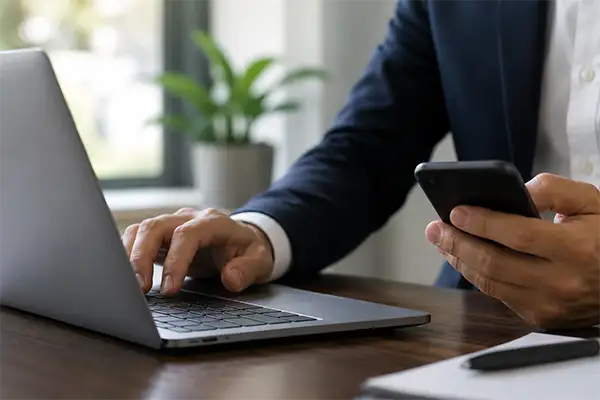 Professional sending registered business communications with digital evidence from a laptop and a mobile phone.