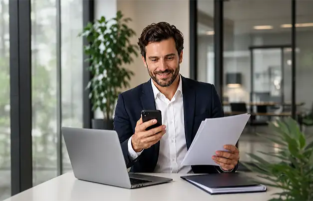 Professional managing electronic documents from a mobile phone in an office