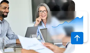 Team in a meeting with an upward-trending chart, showing Partner growth and increased margins