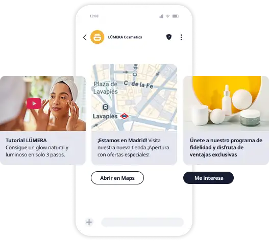 Mensaje de mensajeria RCS con contenido multimedia como imagenes, video, carrusel interactivo y mapas